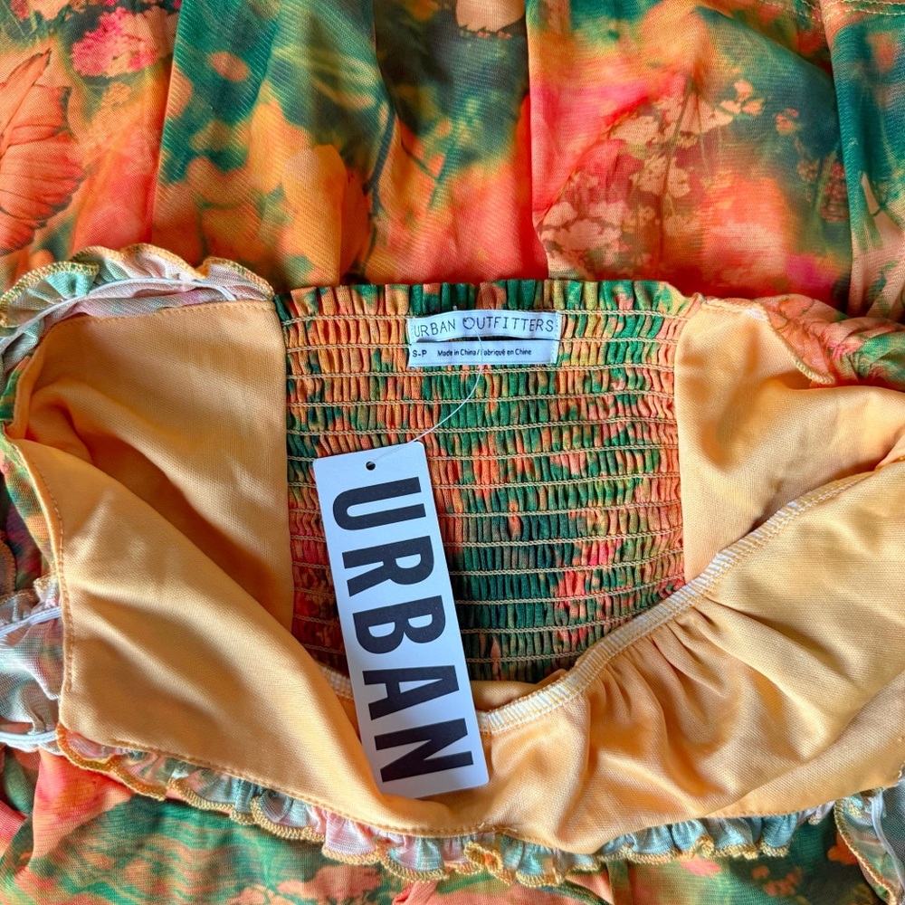 Urban Outfitters Audrey Mesh Mini Dress New Small Orange Green Puff Sleeve Cute - Picture 7 of 8